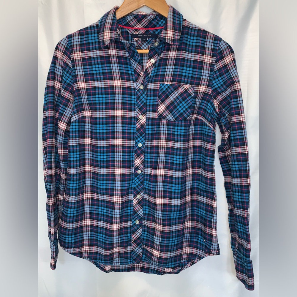 2/$20 Tommy Hilfiger Flannel Long Sleeve Button Up Blue & Pink Plaid Shirt